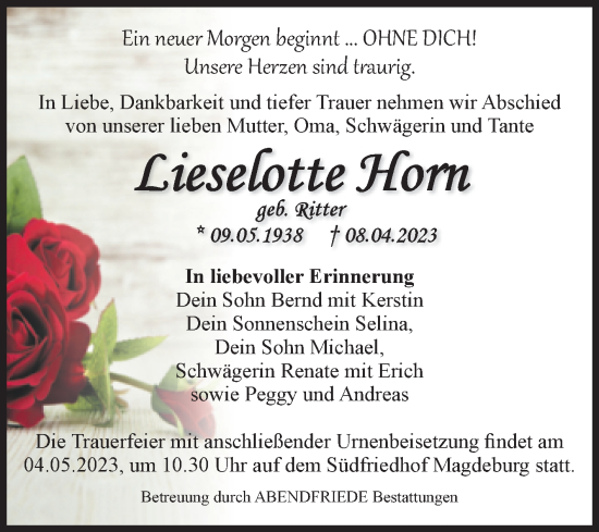 Traueranzeige von Lieselotte Horn von Volksstimme Magdeburg
