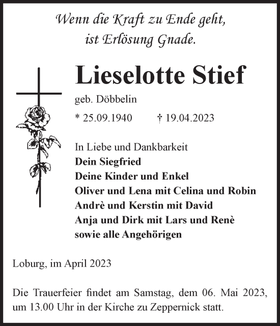 Traueranzeige von Lieselotte Stief von Volksstimme Zerbst