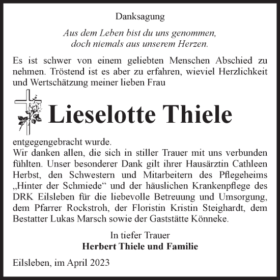 Traueranzeige von Lieselotte Thiele von Volksstimme Oschersleben/Wanzleben