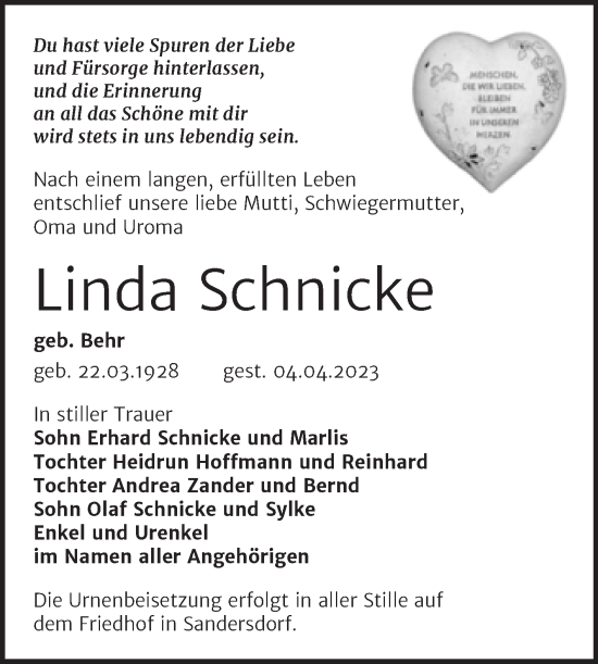 Traueranzeige von Linda Schnicke von Trauerkombi Bitterfeld