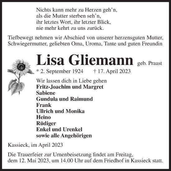 Traueranzeige von Lisa Gliemann von Volksstimme Altmark West