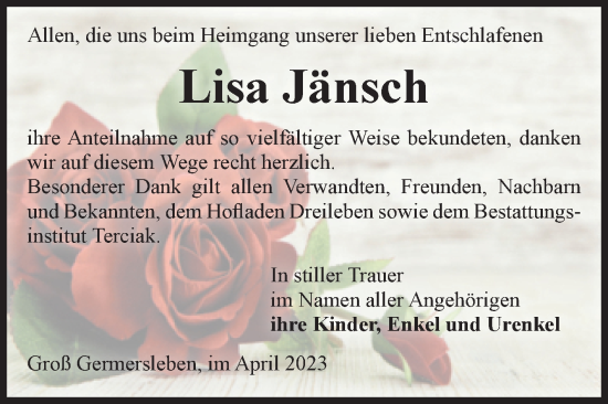 Traueranzeige von Lisa Jänsch von Volksstimme Oschersleben/Wanzleben