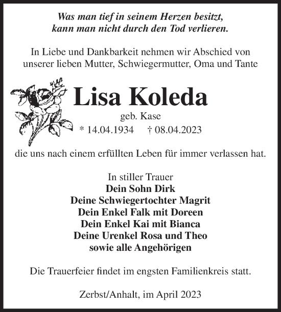 Traueranzeige von Lisa Koleda von Volksstimme Zerbst