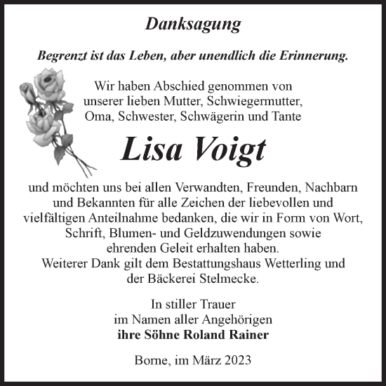 Traueranzeige von Lisa Voigt von Volksstimme Staßfurt