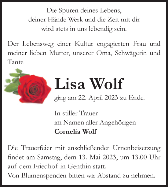 Traueranzeige von Lisa Wolf von Volksstimme Burg/Genthin