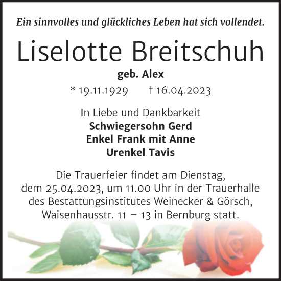 Traueranzeige von Liselotte Breitschuh von Trauerkombi Bernburg
