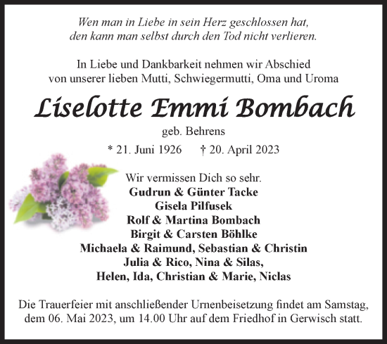 Traueranzeige von Liselotte Emmi Bombach von Volksstimme Burg/Genthin