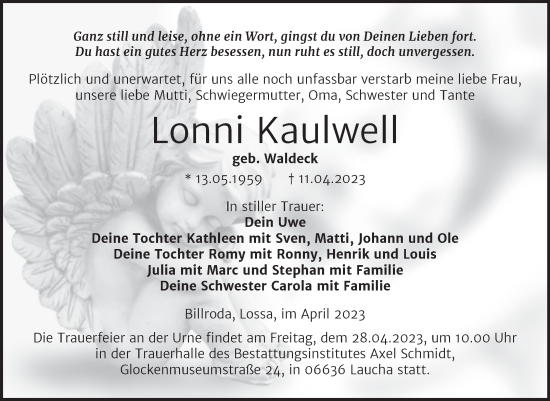 Traueranzeige von Lonni Kaulwell von Wochenspiegel Naumburg/Nebra