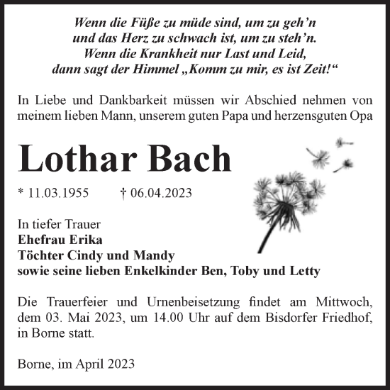 Traueranzeige von Lothar Bach von Volksstimme Staßfurt