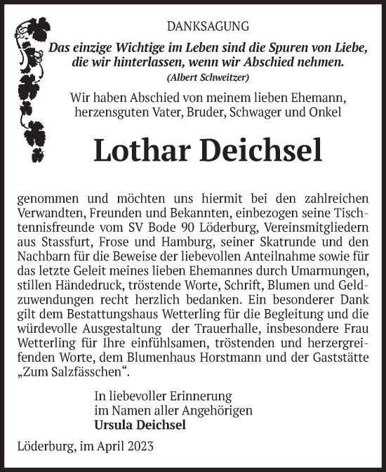 Traueranzeige von Lothar Deichsel von Volksstimme Staßfurt