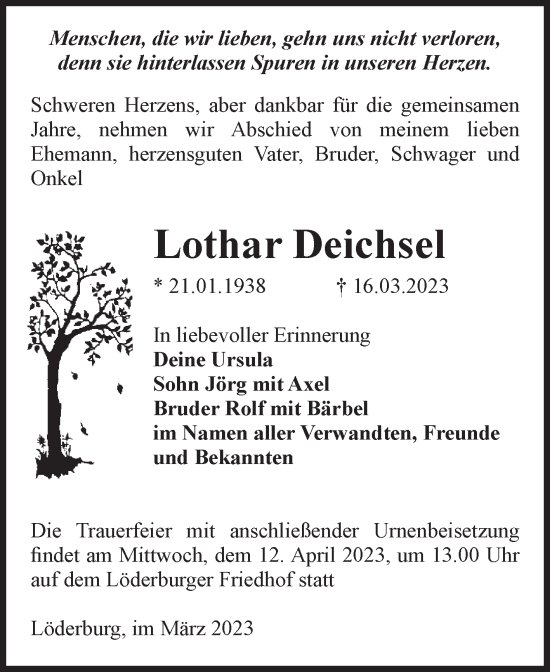 Traueranzeige von Lothar Deichsel von Volksstimme Staßfurt