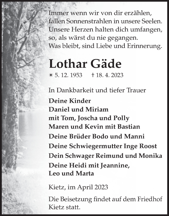 Traueranzeige von Lothar Gäde von Volksstimme Altmark West