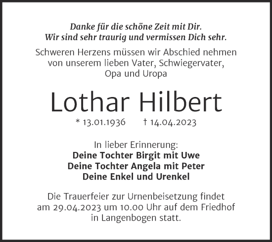 Traueranzeige von Lothar Hilbert von Mitteldeutsche Zeitung Halle/Saalkreis