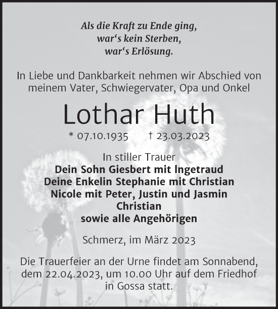 Traueranzeige von Lothar Huth von Trauerkombi Bitterfeld