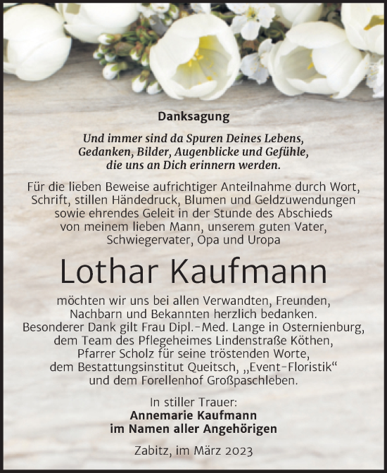 Traueranzeige von Lothar Kaufmann von Trauerkombi Köthen