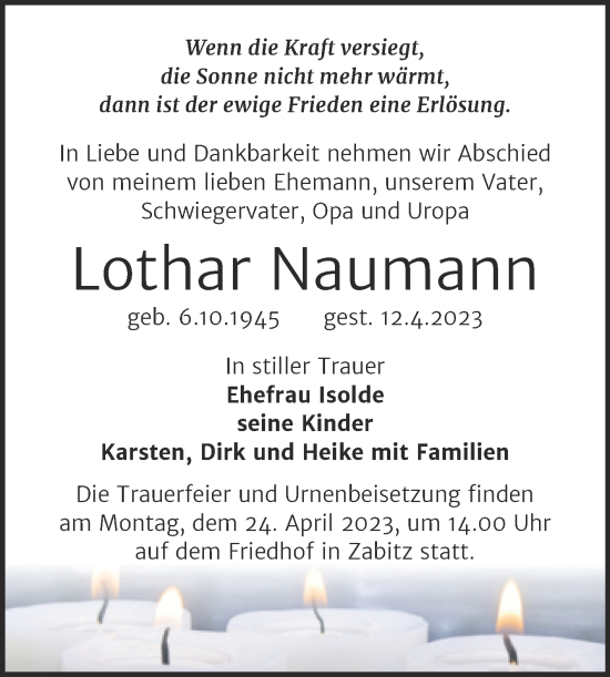 Traueranzeige von Lothar Naumann von Trauerkombi Köthen