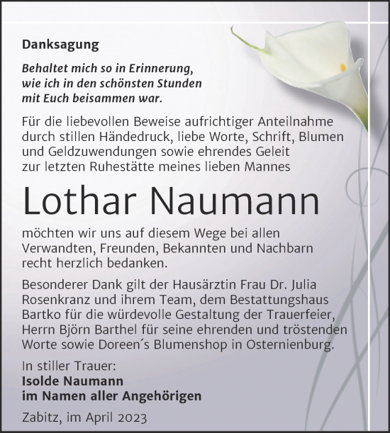 Traueranzeige von Lothar Naumann von Trauerkombi Köthen