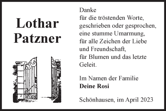 Traueranzeige von Lothar Patzner von Volksstimme Altmark Ost