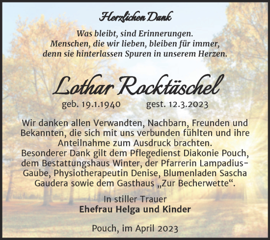 Traueranzeige von Lothar Rocktäschel von Trauerkombi Bitterfeld