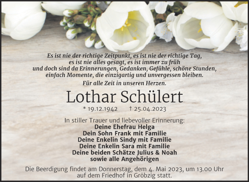  Traueranzeige für Lothar Schülert vom 29.04.2023 aus Trauerkombi Köthen
