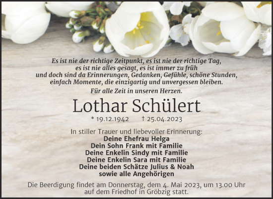 Traueranzeige von Lothar Schülert von Trauerkombi Köthen