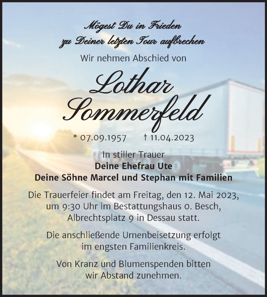  Traueranzeige für Lothar Sommerfeld vom 21.04.2023 aus Trauerkombi Dessau