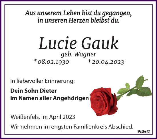 Traueranzeige von Lucie Gauk von Trauerkombi Weißenfels