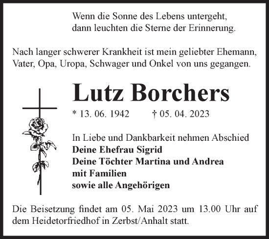 Traueranzeige von Lutz Borchers von Volksstimme Zerbst