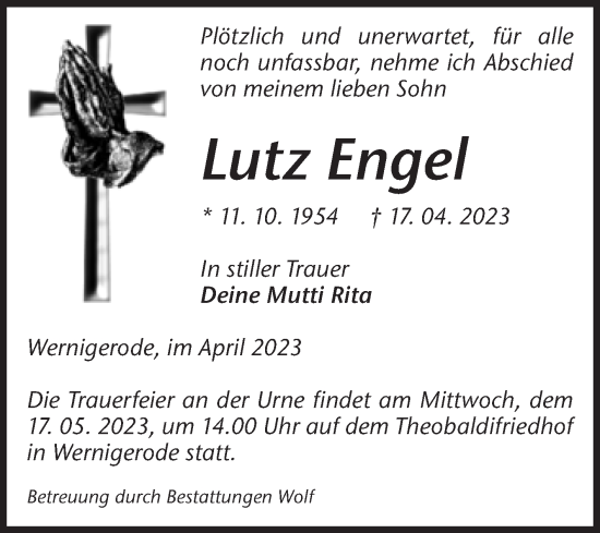 Traueranzeige von Lutz Engel von Volksstimme Wernigerode