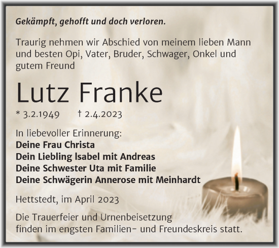 Traueranzeige von Lutz Franke von Trauerkombi Mansfelder Land