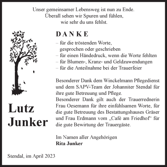 Traueranzeige von Lutz Junker von Volksstimme Altmark Ost