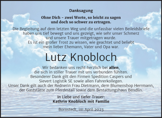 Traueranzeige von Lutz Knobloch von Trauerkombi Mansfelder Land