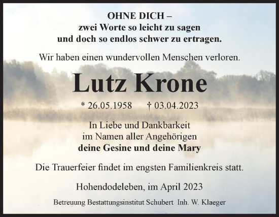 Traueranzeige von Lutz Krone von Volksstimme Oschersleben/Wanzleben