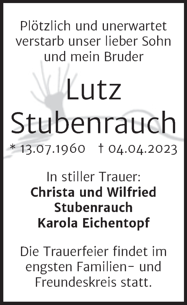  Traueranzeige für Lutz Stubenrauch vom 22.04.2023 aus Mitteldeutsche Zeitung Sangerhausen