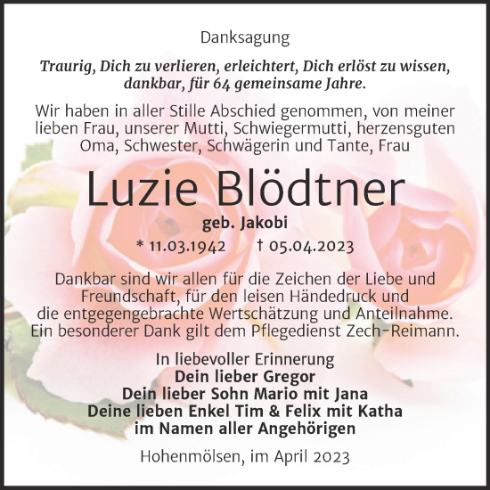 Traueranzeige von Luzie Blödtner von Trauerkombi Weißenfels
