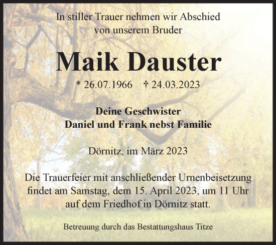 Traueranzeige von Maik Dauster von Volksstimme Burg/Genthin