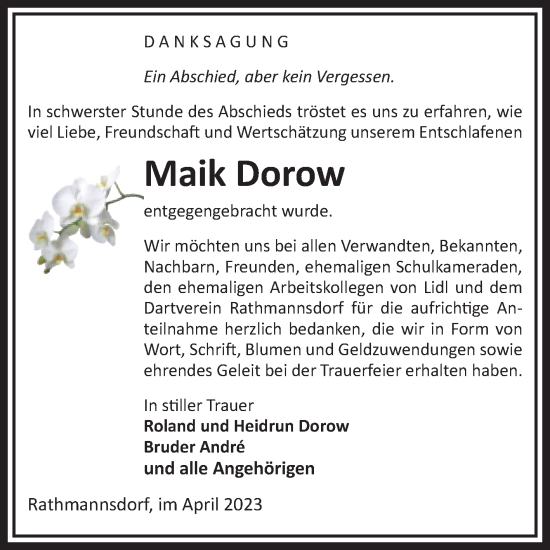 Traueranzeige von Maik Dorow von Volksstimme Staßfurt