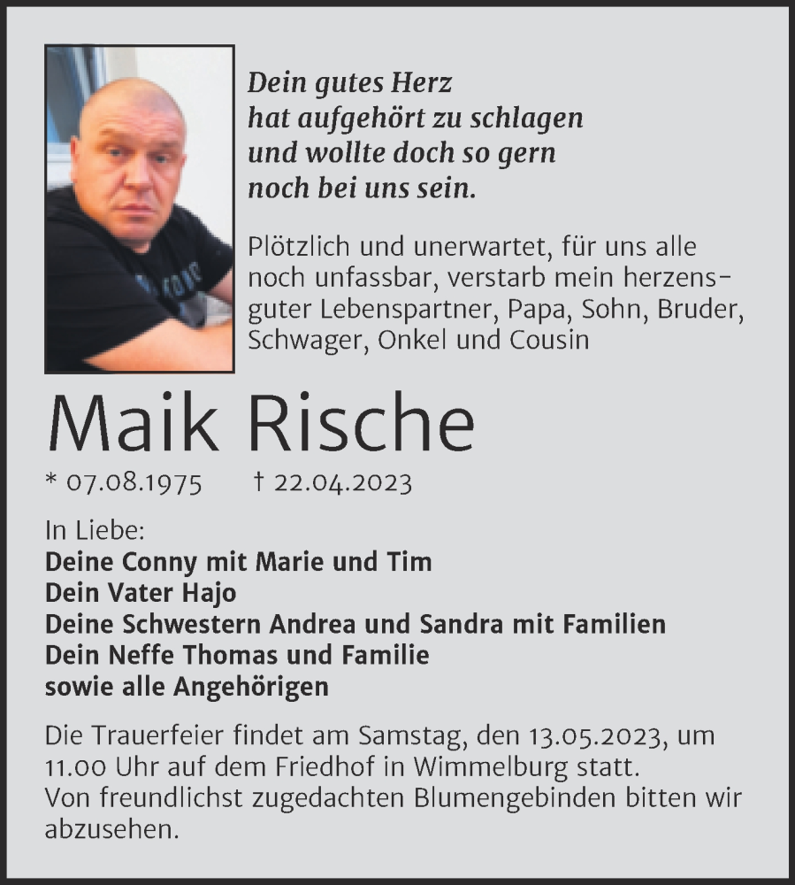  Traueranzeige für Maik Rische vom 29.04.2023 aus Trauerkombi Bernburg