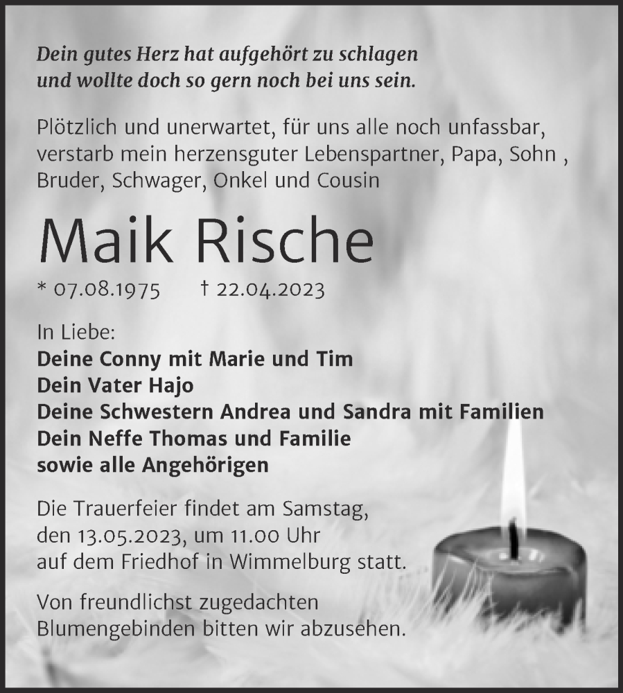  Traueranzeige für Maik Rische vom 29.04.2023 aus Trauerkombi Mansfelder Land