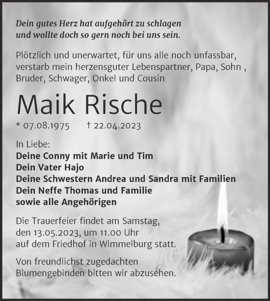Traueranzeige von Maik Rische von Trauerkombi Mansfelder Land