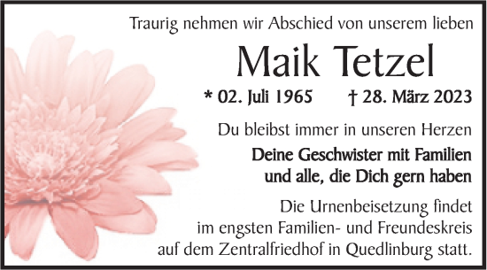 Traueranzeige von Maik Tetzel von Trauerkombi Quedlinburg