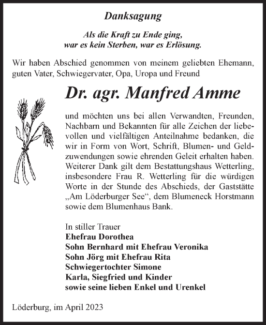 Traueranzeige von Manfred Amme von Volksstimme Staßfurt