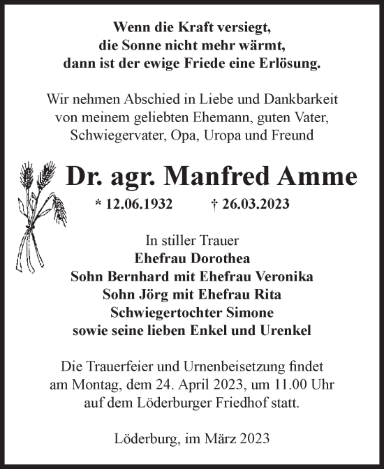 Traueranzeige von Manfred Amme von Volksstimme Staßfurt