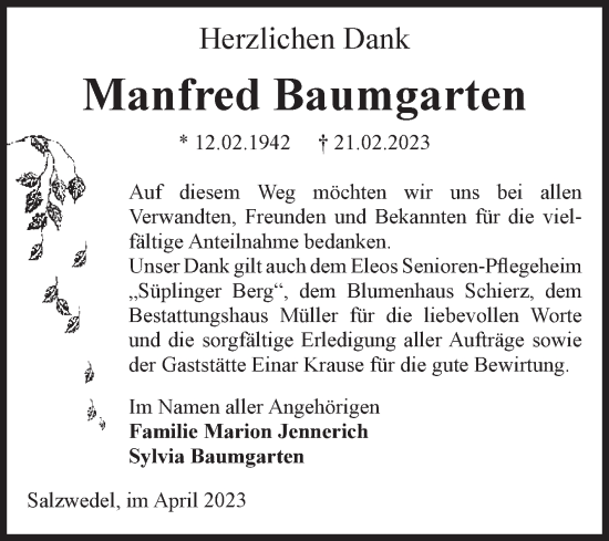 Traueranzeige von Manfred Baumgarten von Volksstimme Altmark West