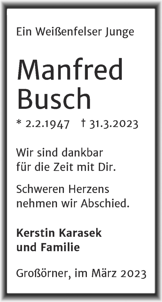 Traueranzeige von Manfred Busch von Trauerkombi Mansfelder Land