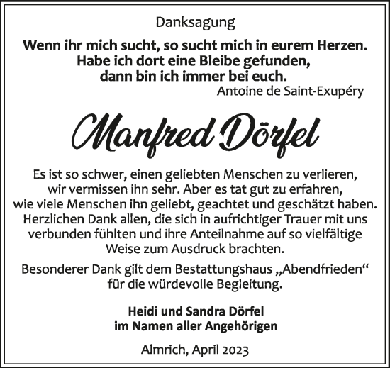 Traueranzeige von Manfred Dörfel von Wochenspiegel Naumburg/Nebra