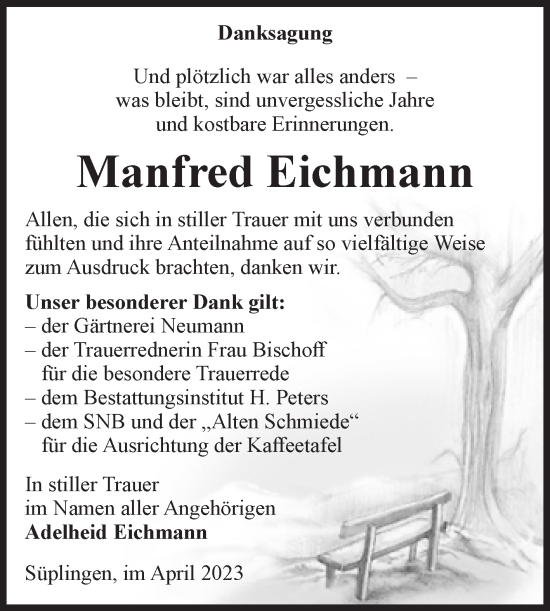 Traueranzeige von Manfred Eichmann von Volksstimme Magdeburg