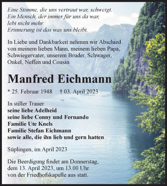 Traueranzeige von Manfred Eichmann von Volksstimme Haldensleben/Wolmirstedt