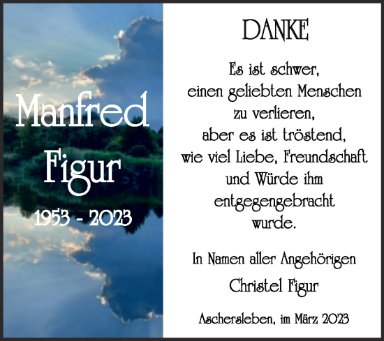 Traueranzeige von Manfred Figur von Trauerkombi Aschersleben