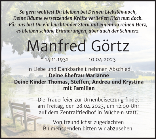 Traueranzeige von Manfred Görtz von Trauerkombi Merseburg